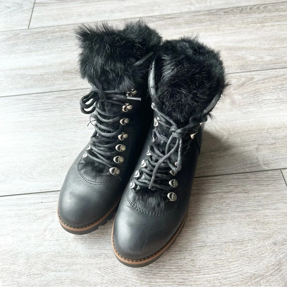 Rudsak Black Leather Lace Up Fur Winter Boots Made in Italy